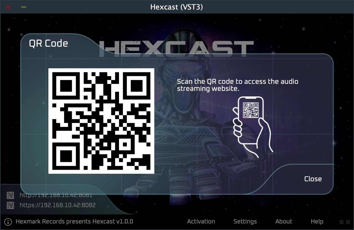 Hexcast QR Code screen